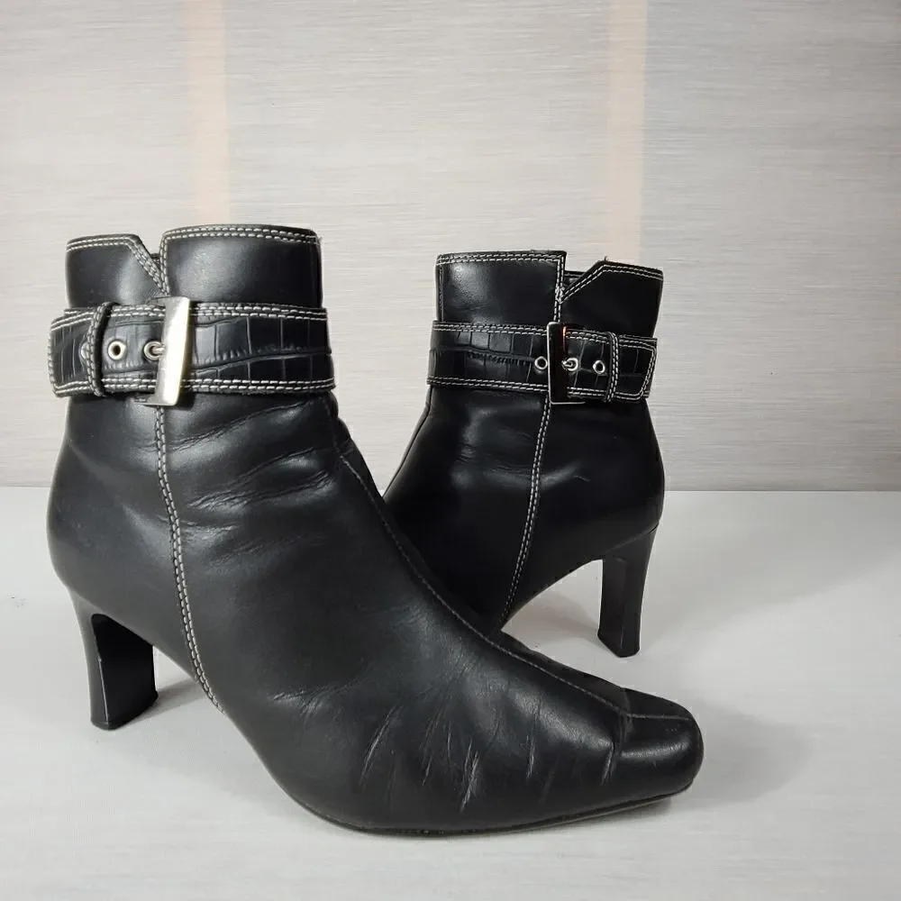 Predictions Black Leather Ankle Heel Boots